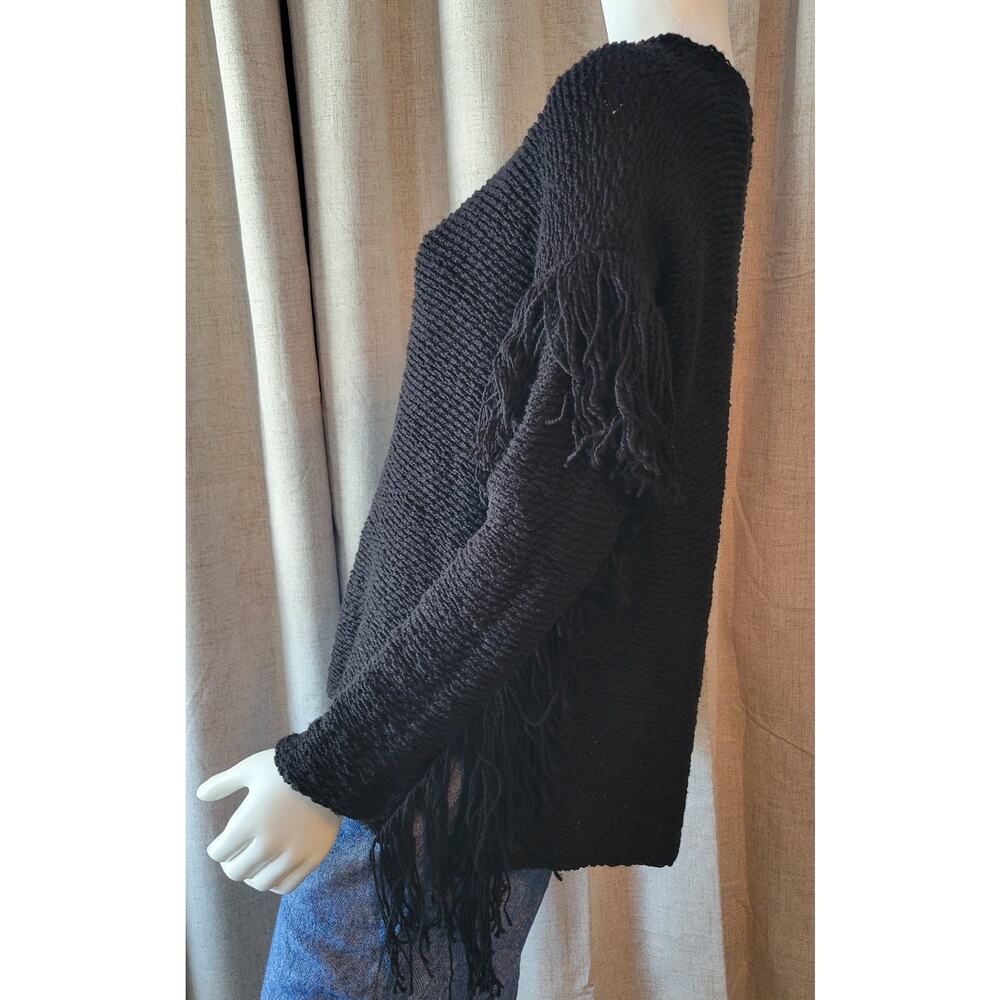 Lauren Ralph Lauren Black Long Dolman Sleeve Fringe Knit Boat Neck Sweater S/M - Picture 4 of 5